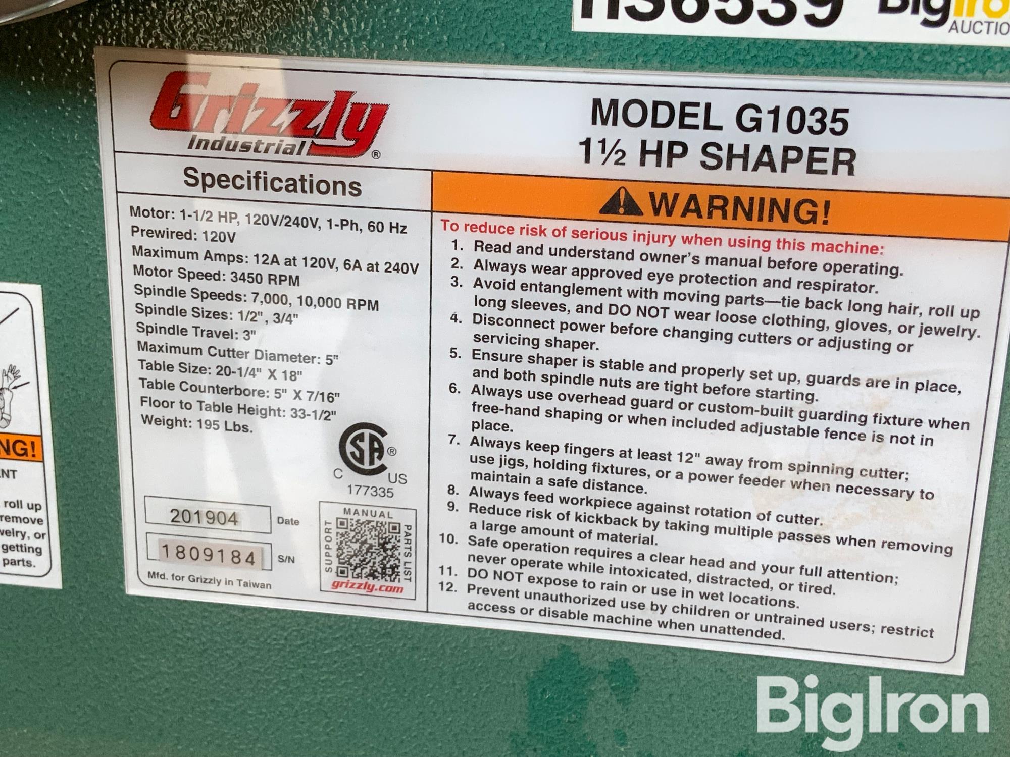 Grizzly G1035 Woodworking Shaper BigIron Auctions