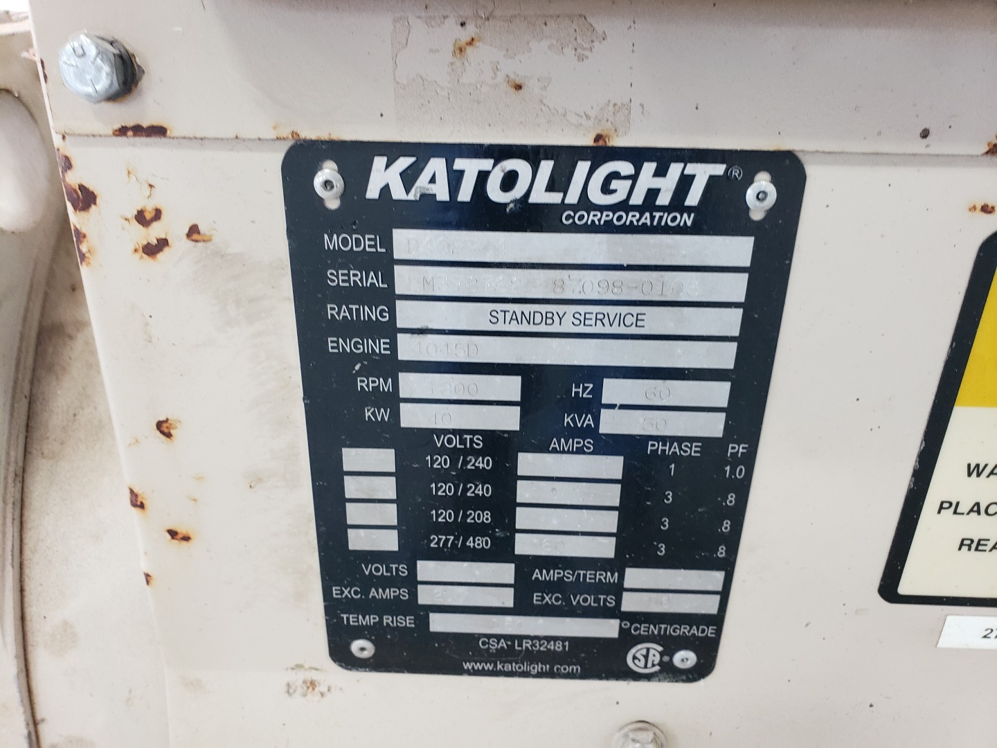 Katolight /Marathon Electric 361PSL1601 40 KW Generator Single Phase/3 ...