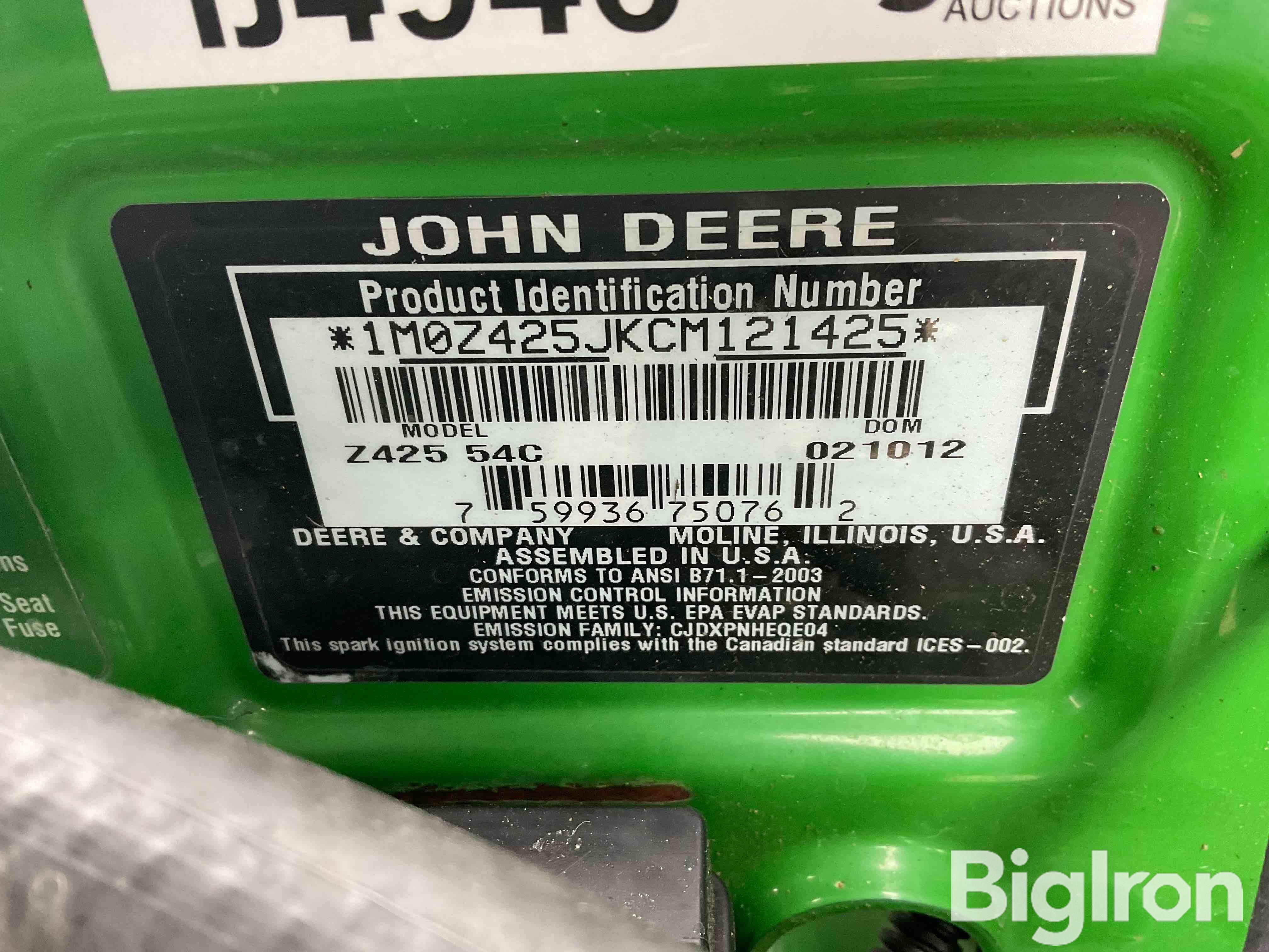 2012 John Deere Z425 EZtrak Zero Turn Lawn Mower BigIron Auctions