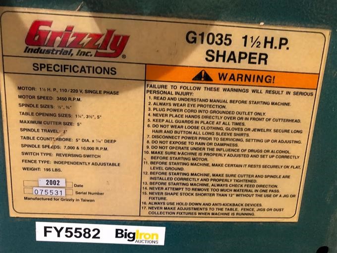 Grizzly Industrial G1035-1-1/2 HP Shaper - Power Shaper