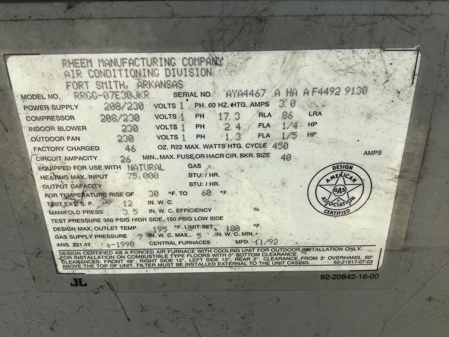 1990 Rheem RGG-07E30JKR Furnace BigIron Auctions