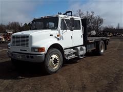 1998 International 4900 DT466E Crew Cab Flatbed Truck 