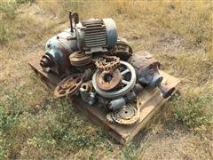 Assorted Electric Motors, Pulleys, And Chains 