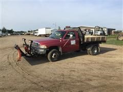 1999 Dodge Ram 3500 Flatbed Truck W/Snow Plow 