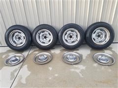 G M Rally Wheels W/Beauty Rings, Center Caps & Tires 