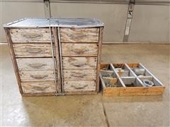 10 Drawer Wood Cabinet & 9 Section Wood Tray W/Hardware 