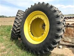 Rear Set Of Dual Tires & Rims Off John Deere 8285R Tractor 