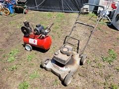 Red And White Air Compressor And Mower 