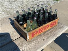 Pepsi Wooden Carrier Crate W/Glass Coca-Cola Bottles 