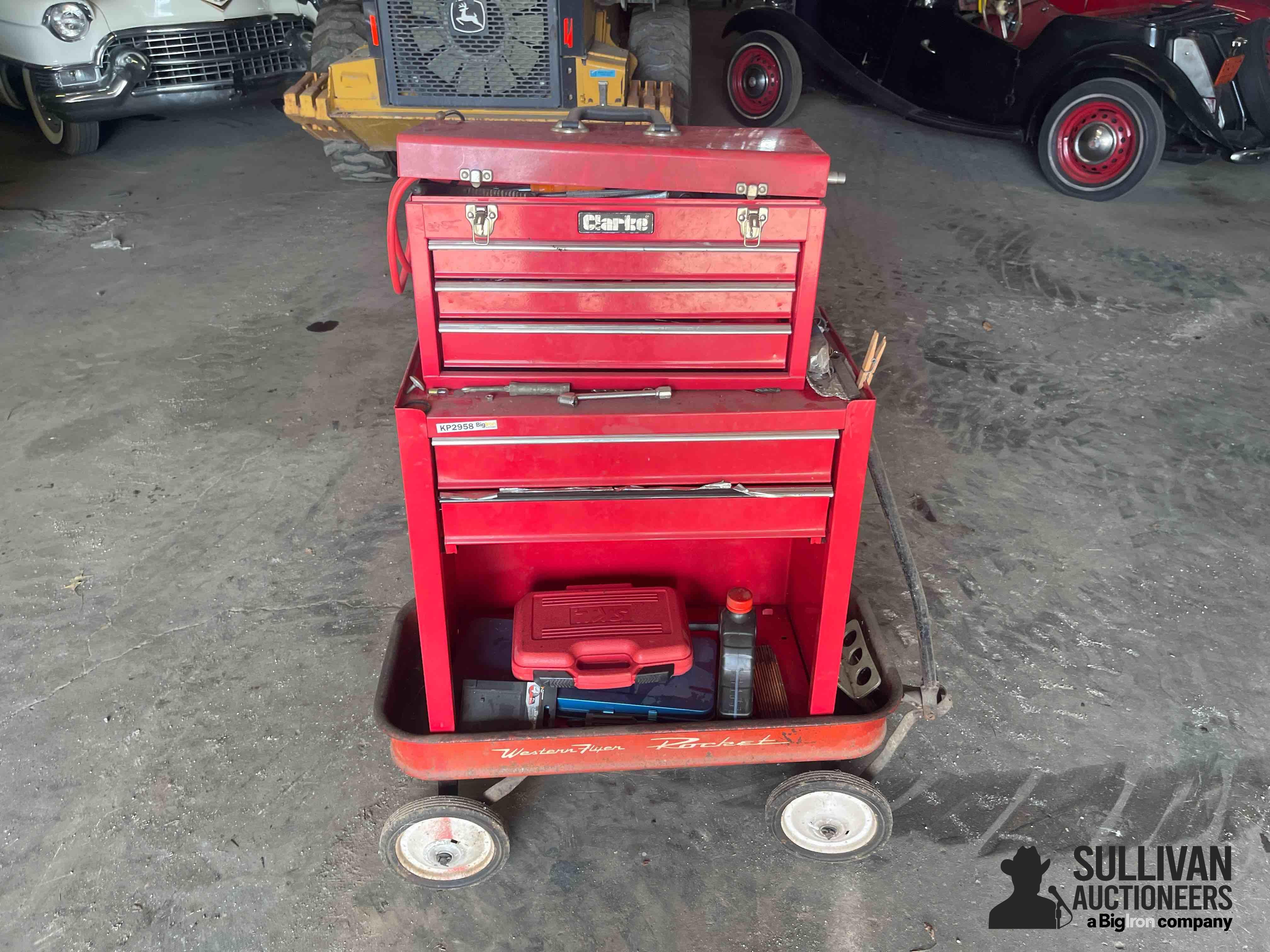 Clarke Tool Box On Wagon w/ Nice Quantity Of Tools 