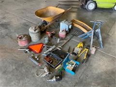 Wheel Barrow, Car Ramps, Torch Gauges, & Tools 