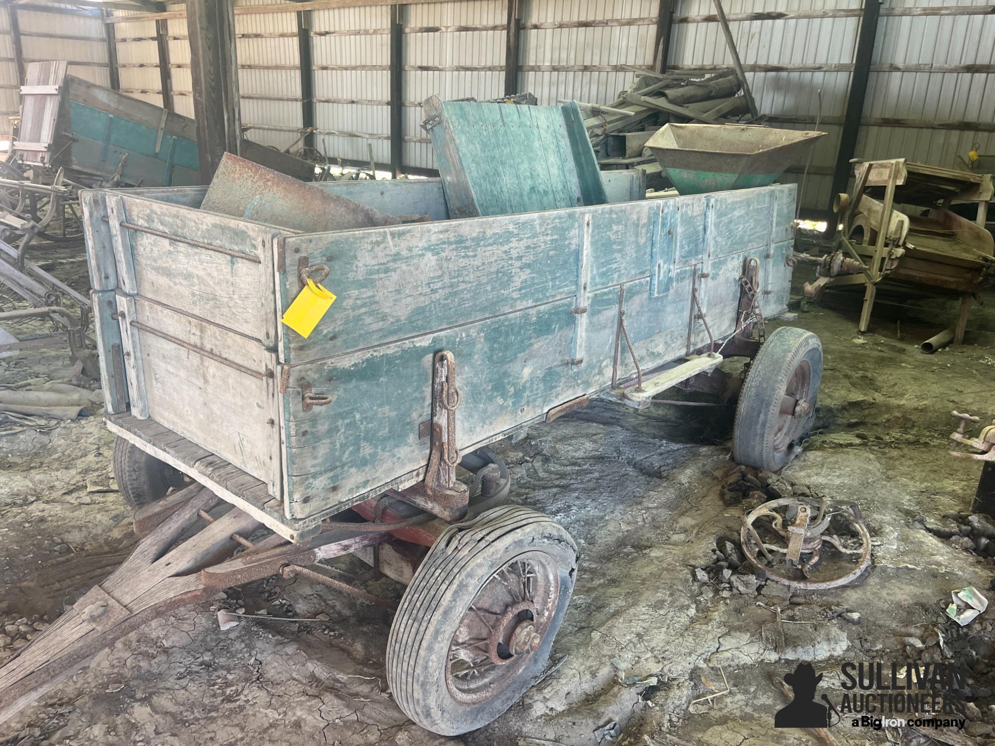 Wooden Barge Wagon w/ Seeder On Running Gear 