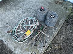 Torch Hoses, 2 Rolls Of Barb Wire, Antique Wrenches 