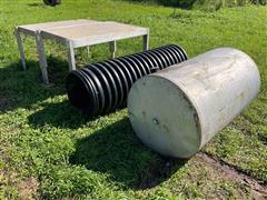 Aluminum Shop Tables, Poly Culvert & 300-Gal Barrel 