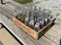 Pepsi Glass Bottles W/Wooden Carrier Crate 