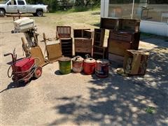 Vintage Radio, Oil Cans, Boxes 