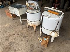 Antique Washing Machines, Wash Basin & Wood Box 