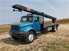 1995 International 4700 S/A Flatbed Boom Truck W/Clearfield Shingle Conveyor 