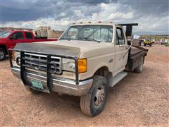 1989 Ford F350 4x4 Flatbed Pickup W/Gin Poles & Rolling Tailboard 