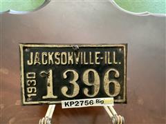 1930 Jacksonville ILL. Motorcycle License Plate 