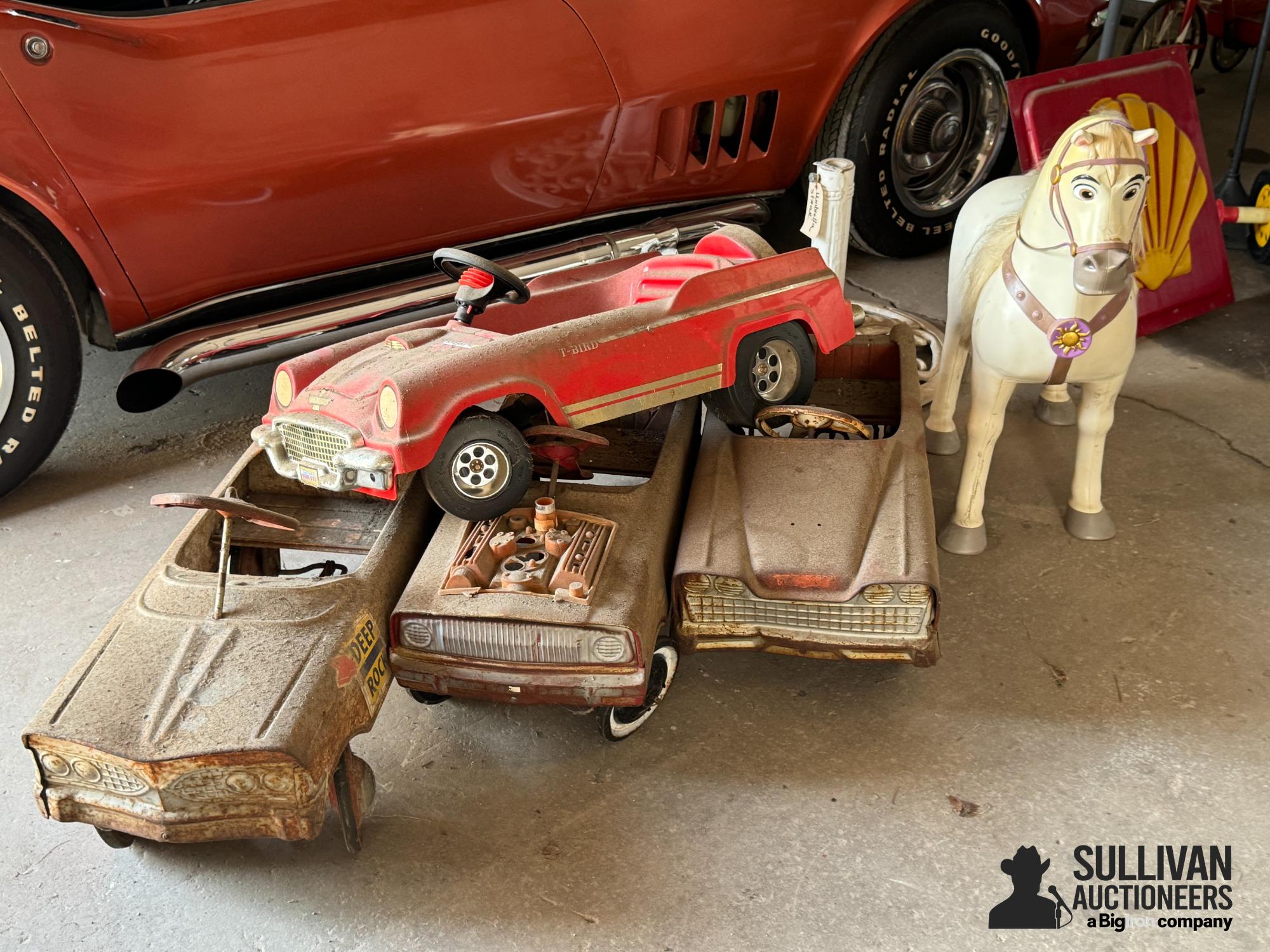 3 Metal Pedal Cars, 1 Plastic Pedal Car, And Animated Horse 