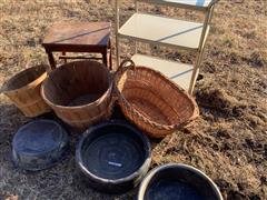Assorted Baskets, Tubs, Table, Cart 